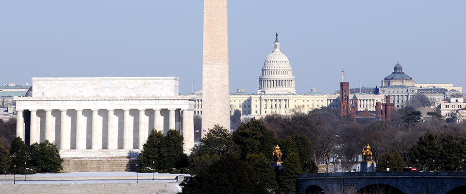 Skyline of Washington DC in winter, including the Lincoln Memori